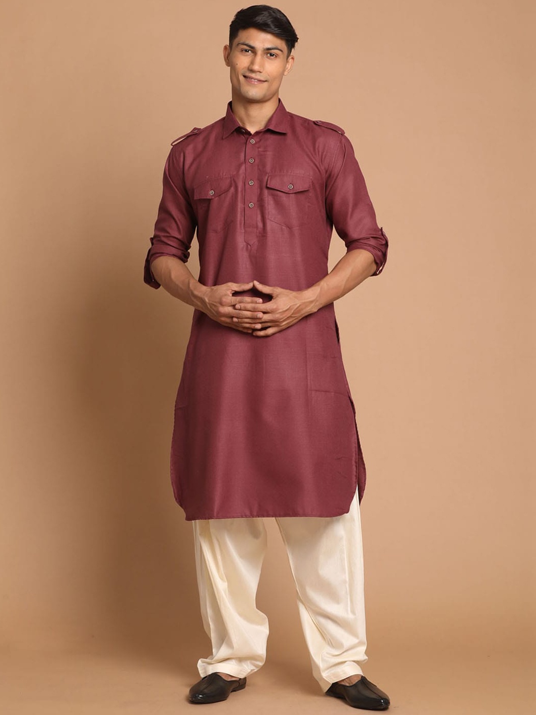 

VASTRAMAY Men Purple & Off White Pathani Kurta with Salwar Set