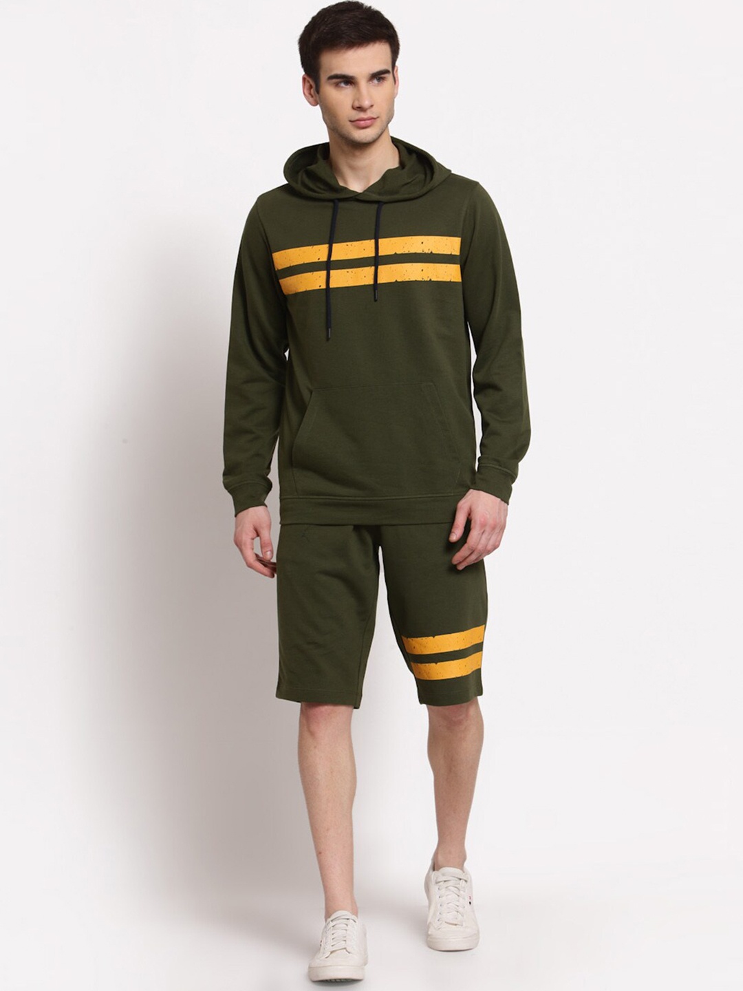 

YOONOY Men Olive Green Striped Organic Cotton Hooded Sweatshirt