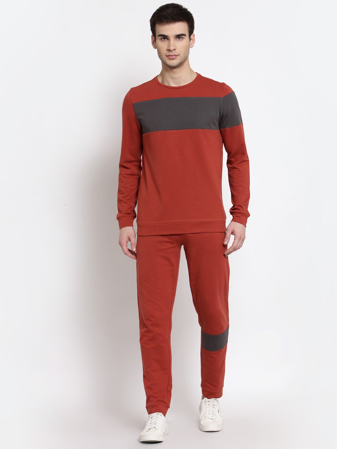 

YOONOY Men Orange Long Sleeves Colourblocked Organic Cotton Sweatshirt With Jogger