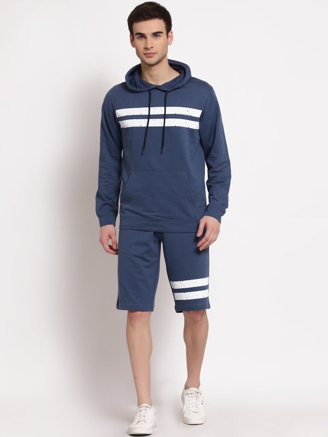 

YOONOY Blue Long Sleeves Striped Organic Cotton Sweatshirt With Shorts