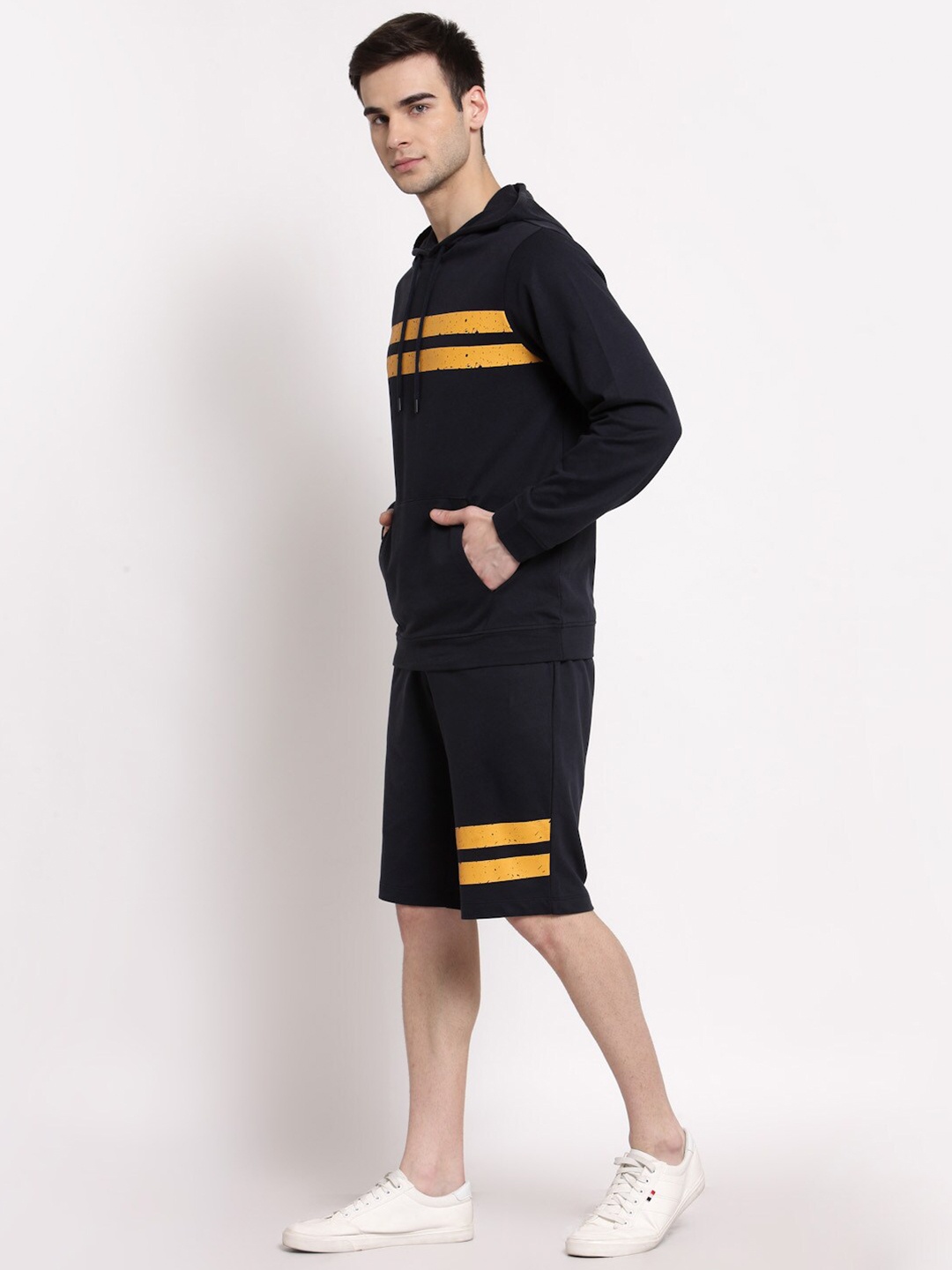 

YOONOY Men Navy Blue Long Sleeves Striped Organic Cotton Sweatshirt With Shorts