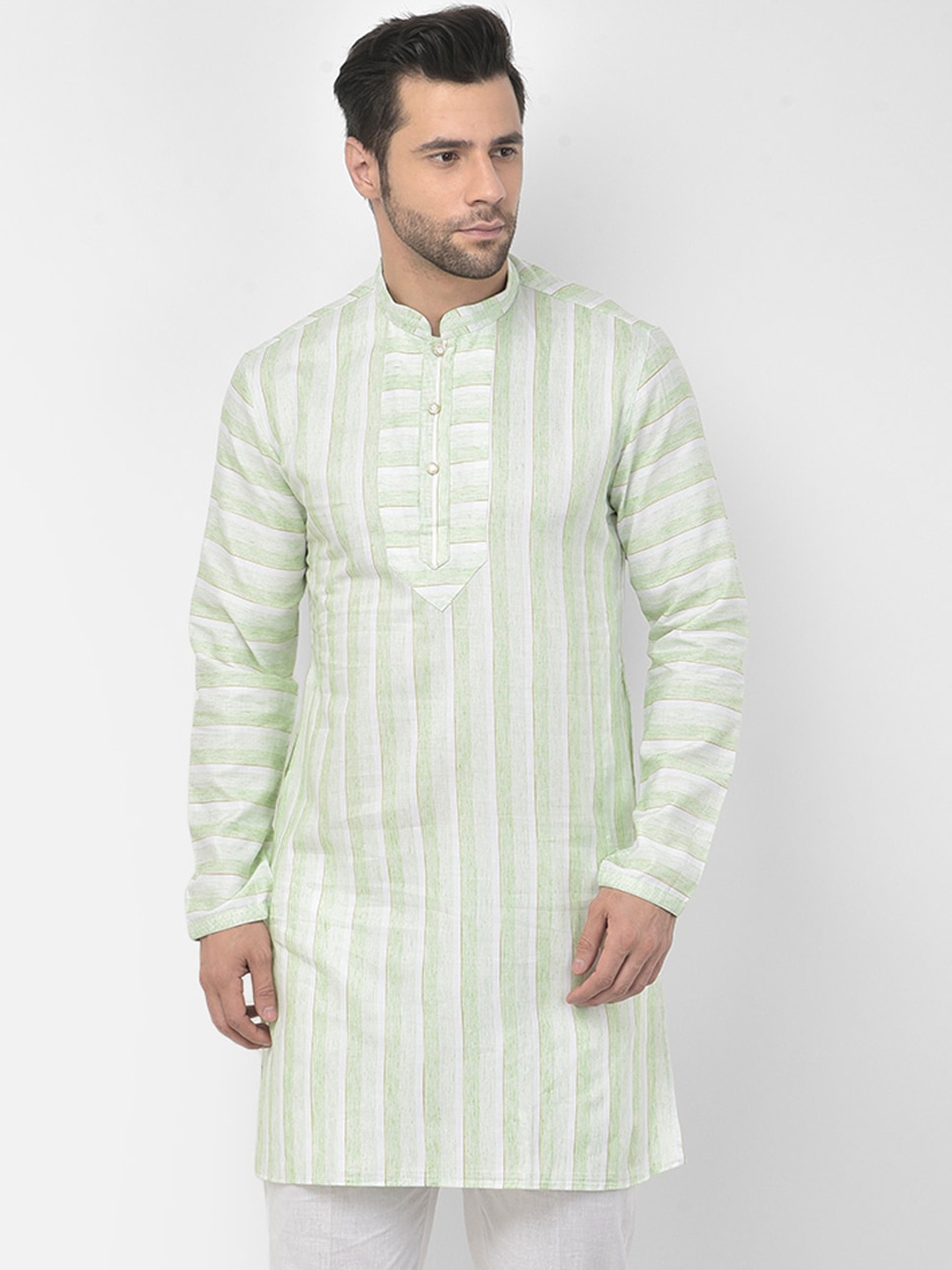 

DEYANN Men Green Striped Cotton Kurta