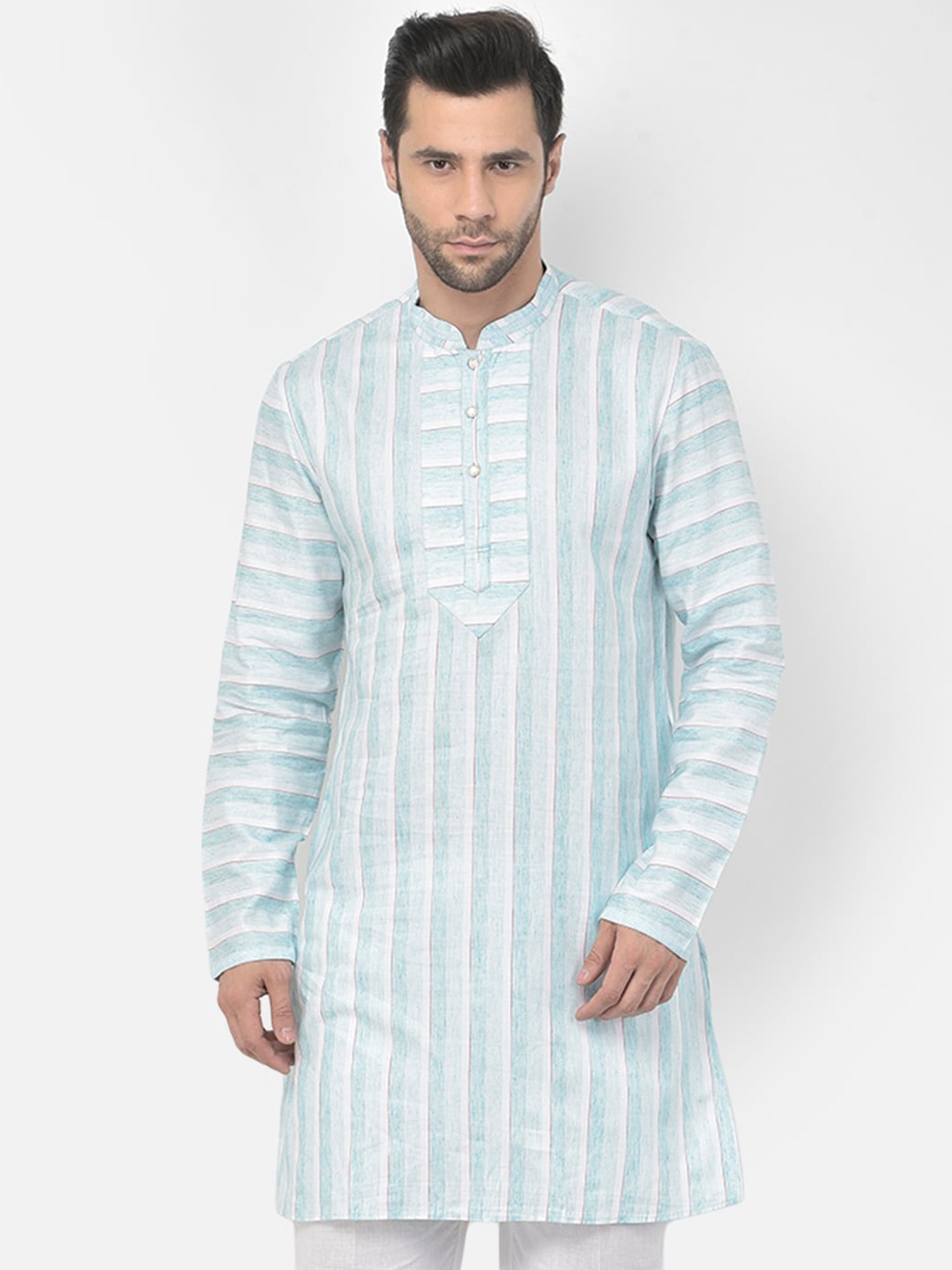 

DEYANN Men Blue & White Striped Pure Cotton Mandarin Collar Straight Kurta