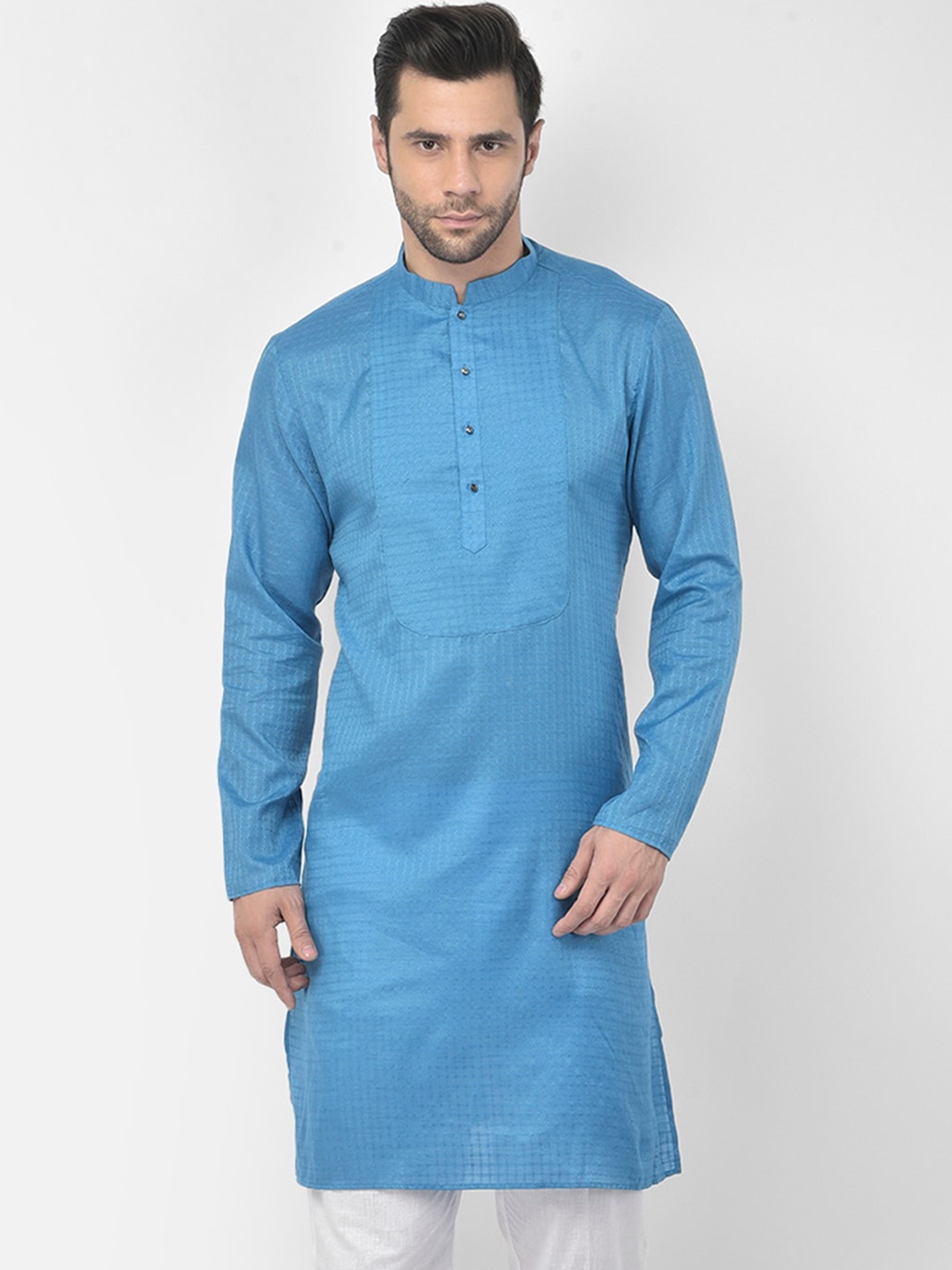 

DEYANN Men Blue Self Design Thread Work Cotton Kurta
