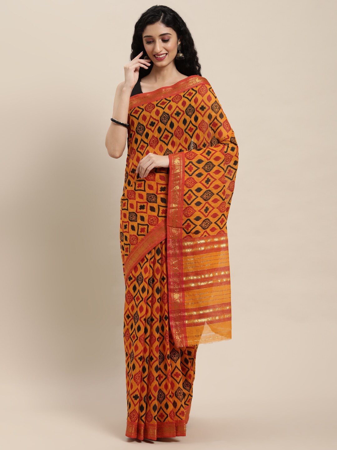 

KALINI Mustard & Pink Ethnic Motifs Pure Cotton Venkatgiri Saree