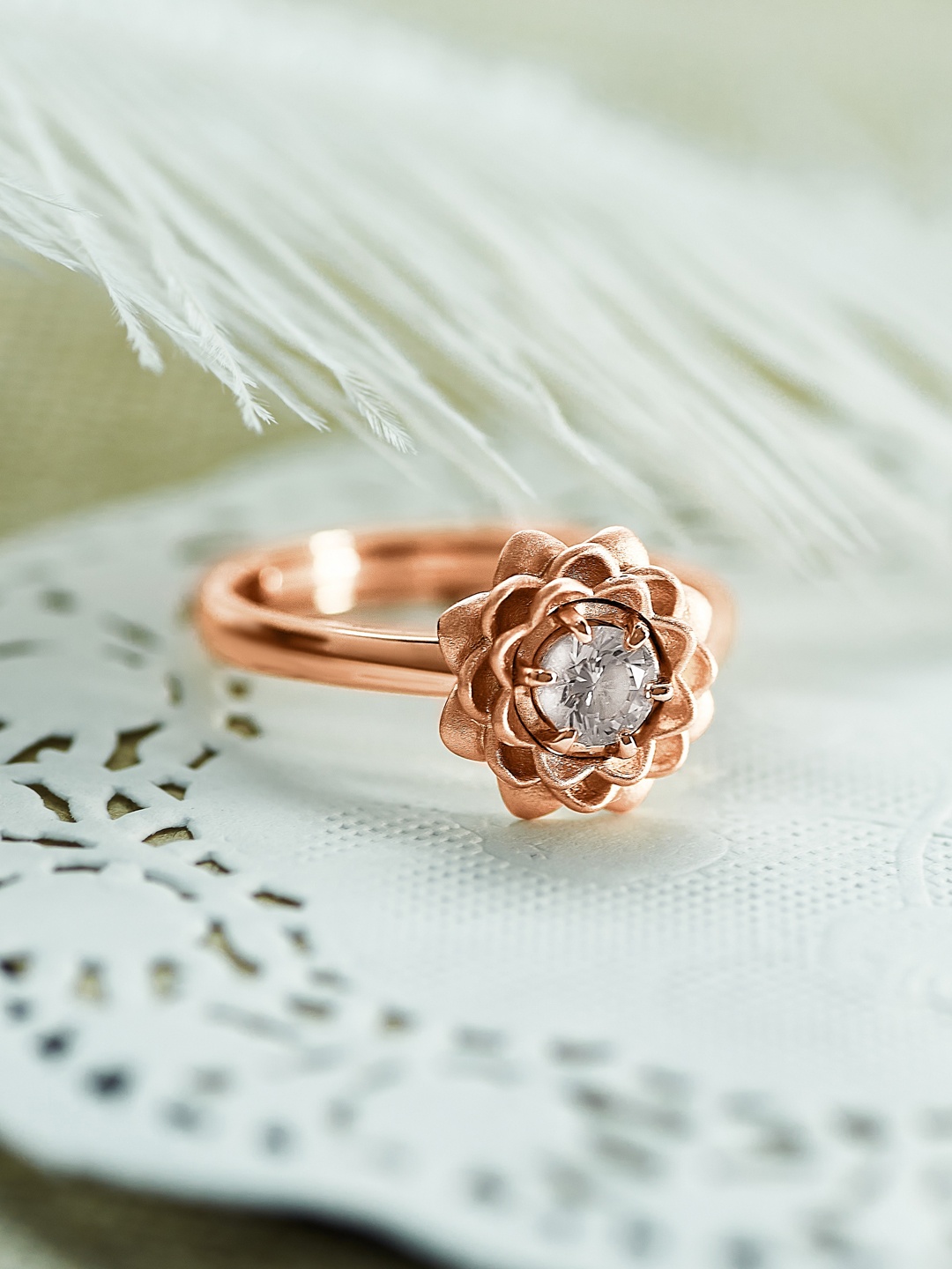 

SILBERRY Sterling Silver Rose Gold Plated CZ-Studded Marigold Adjustable Finger Ring