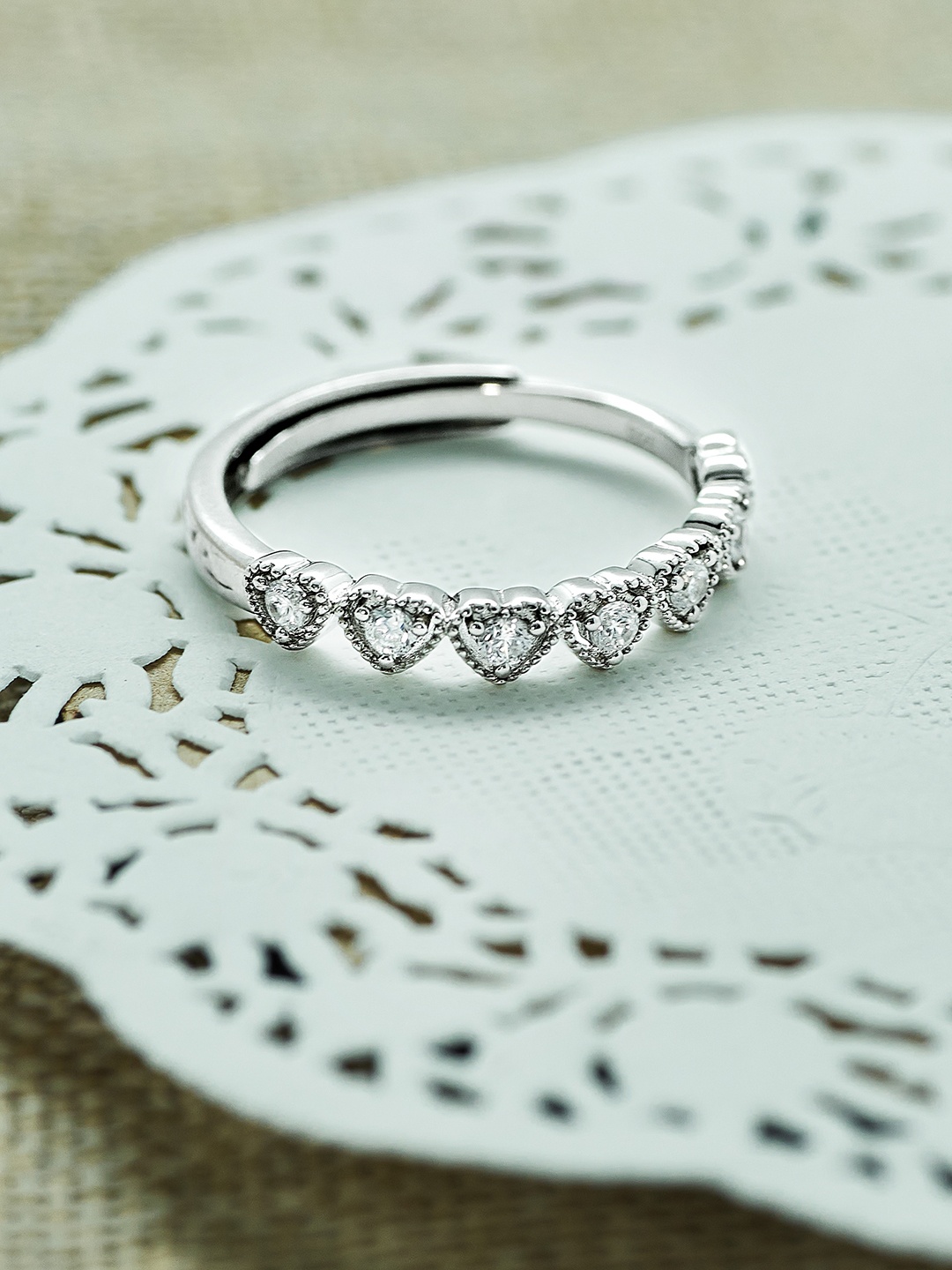 

SILBERRY Rhodium-Plated & Silver Toned Cubic Zirconia Studded Silver Finger Ring