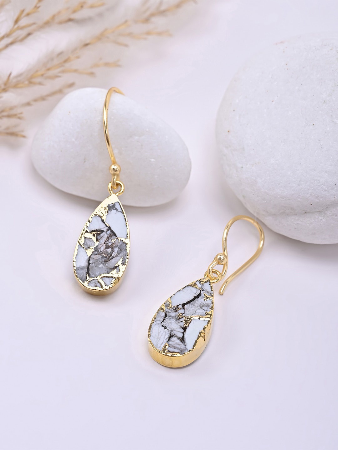 

Mikoto by FableStreet Gold-Plated & Grey Quartz Studded Teardrop Shaped Drop Earrings