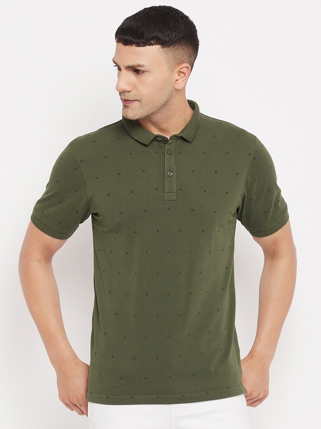 

Okane Men Olive Green Printed Polo Collar T-shirt