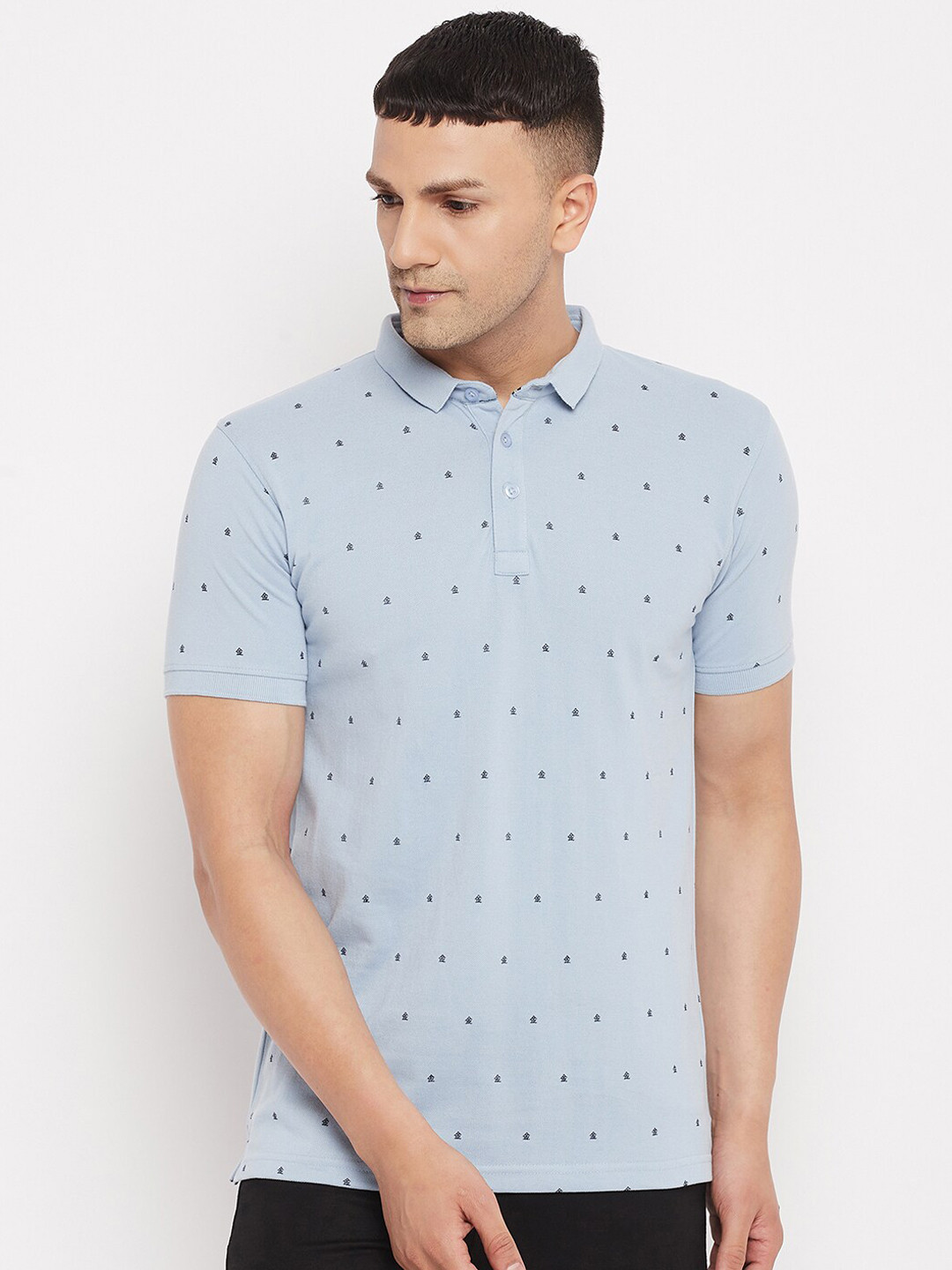 

Okane Men Blue & Black Printed Polo Collar T-shirt