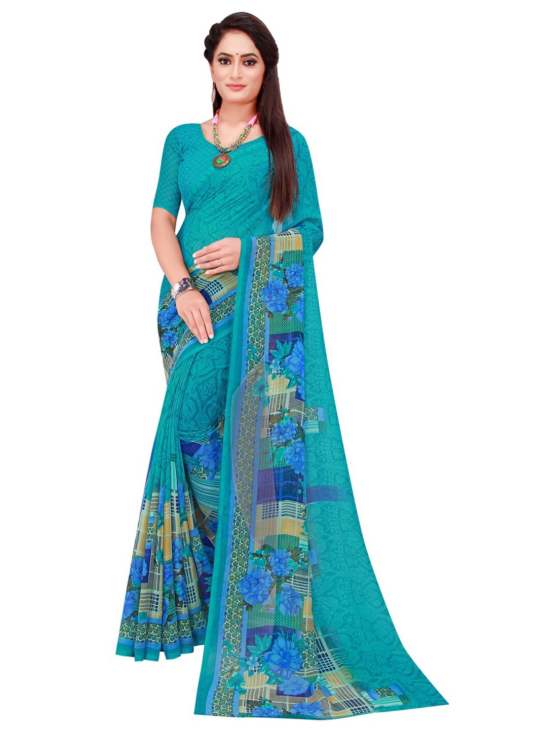 

SAADHVI Sea Green & Blue Floral Pure Georgette Saree