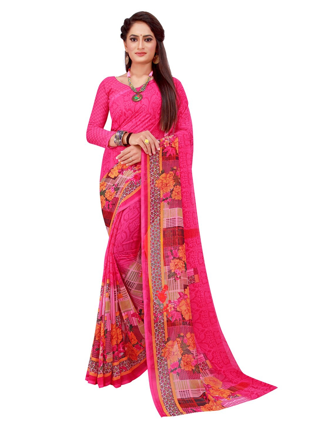 

SAADHVI Pink & Yellow Floral Pure Georgette Saree