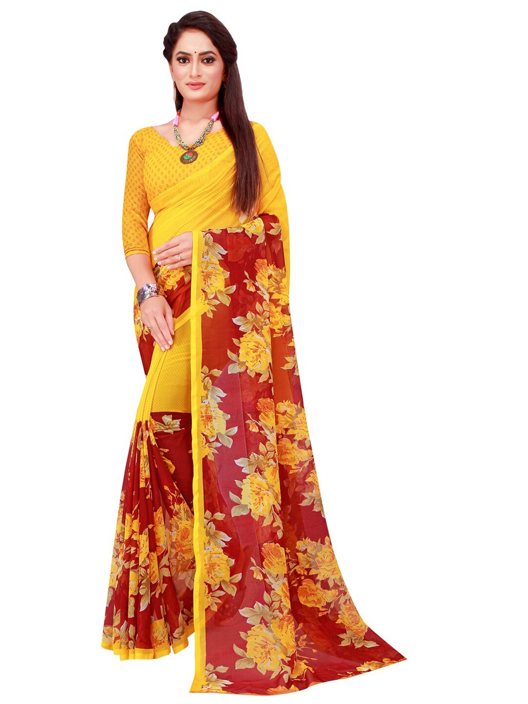 

SAADHVI Yellow & Red Floral Pure Georgette Saree