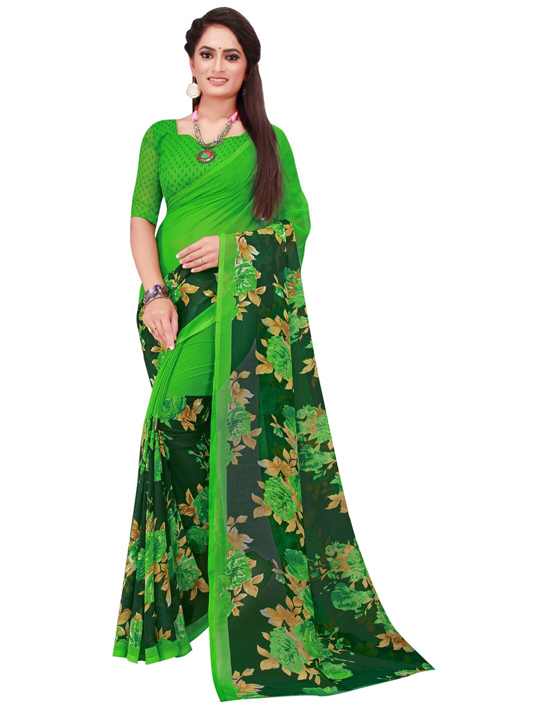 

SAADHVI Green & Beige Floral Pure Georgette Saree