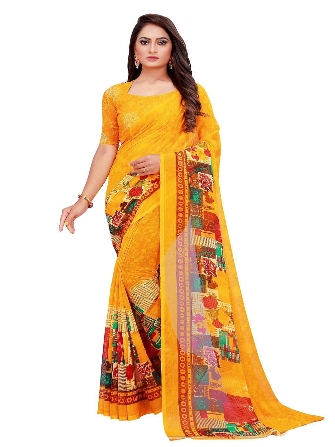 

SAADHVI Yellow & Red Printed Pure Georgette Saree