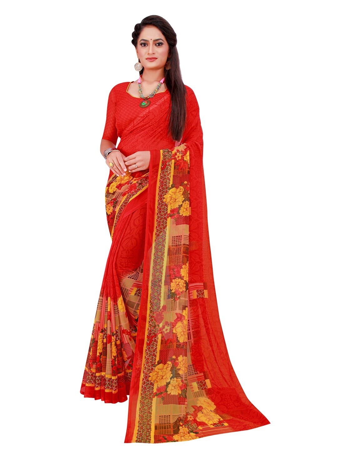 

SAADHVI Red & Yellow Ethnic Motifs Pure Georgette Saree