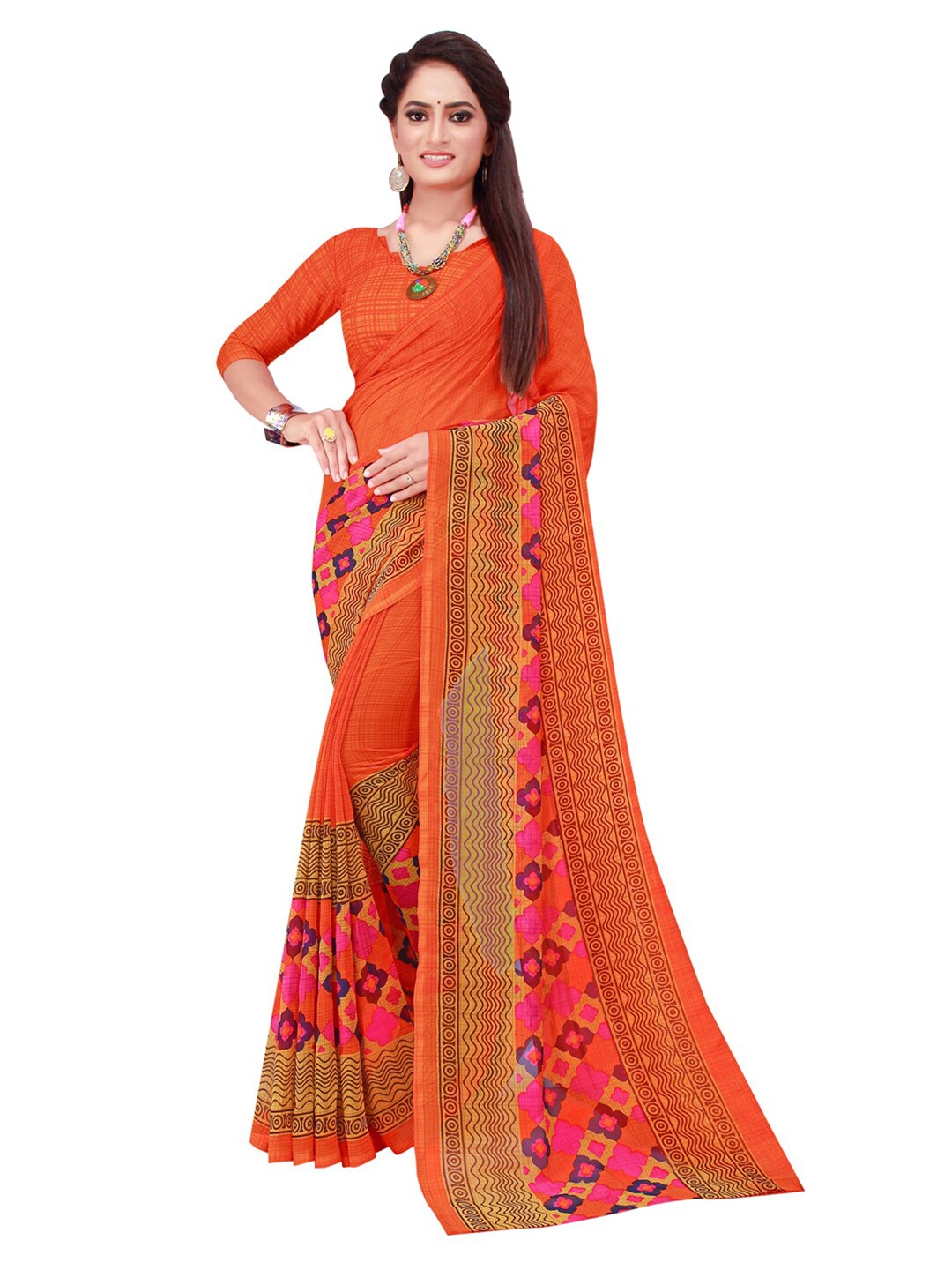 

SAADHVI Orange & Blue Pure Georgette Saree