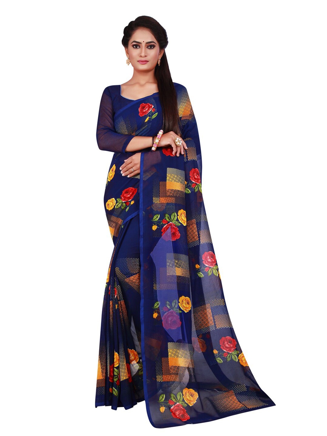 

SAADHVI Navy Blue & Yellow Floral Pure Georgette Saree