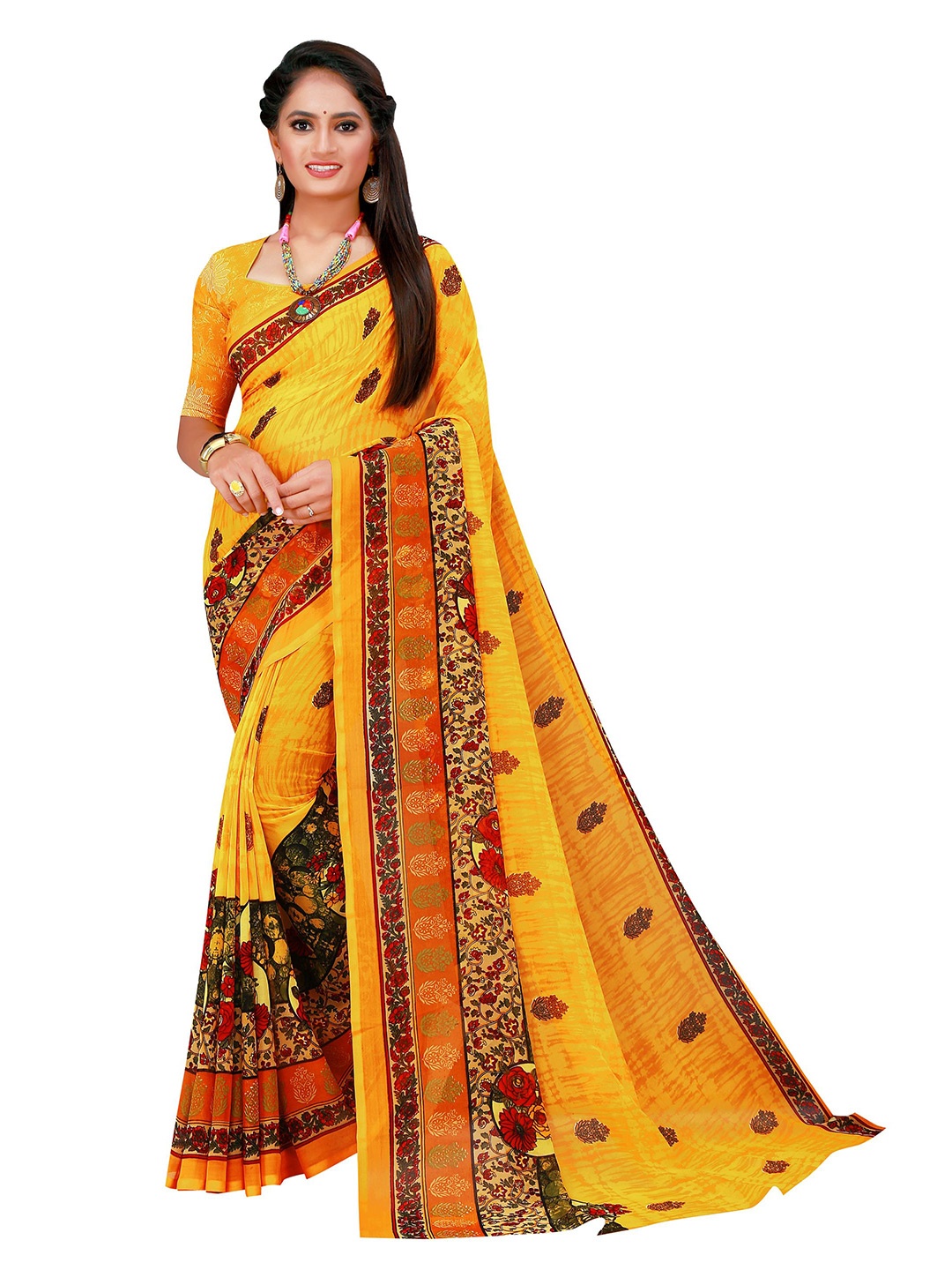 

SAADHVI Yellow & Red Floral Pure Georgette Saree