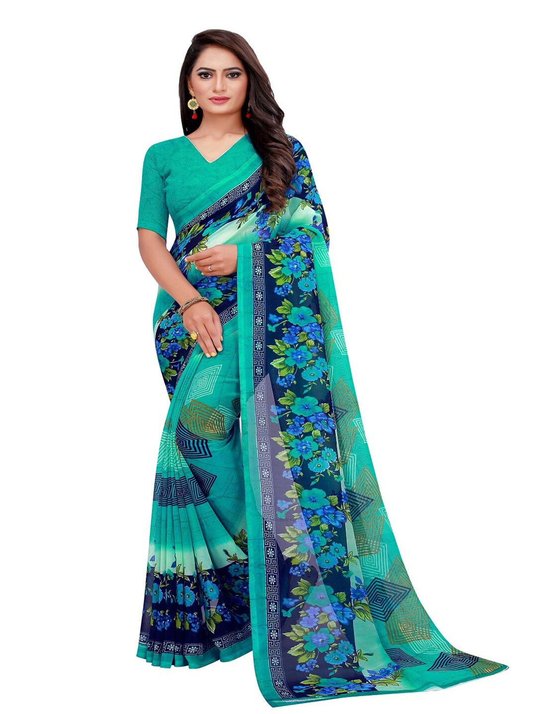 

SAADHVI Green & Blue Floral Pure Georgette Saree