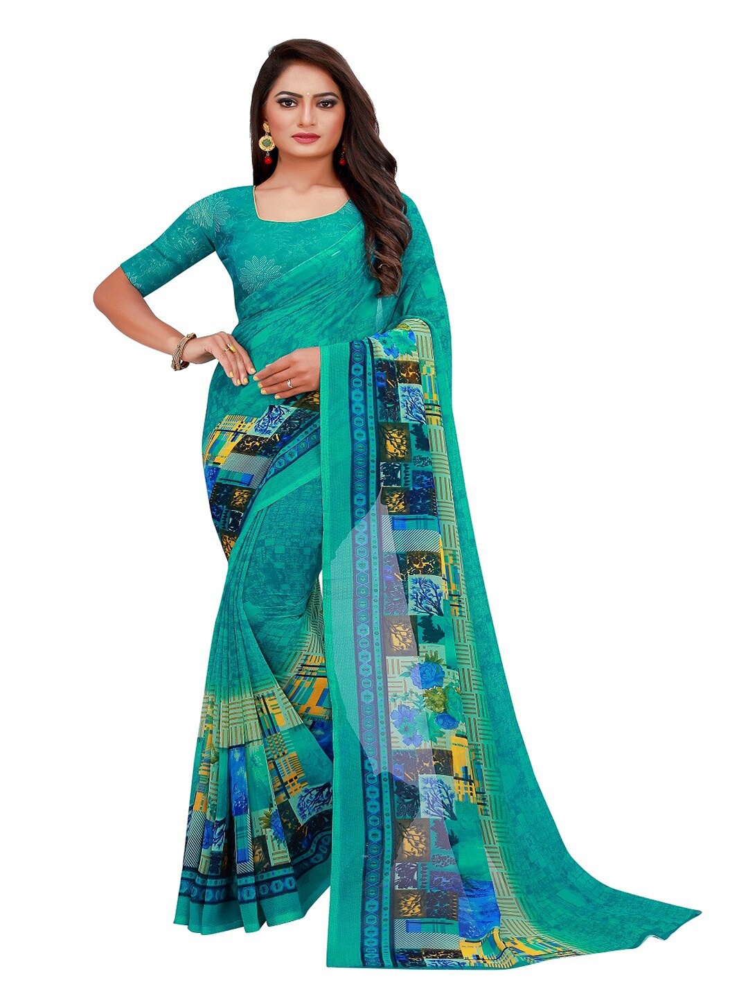 

SAADHVI Sea Green & Blue Pure Georgette Printed Saree