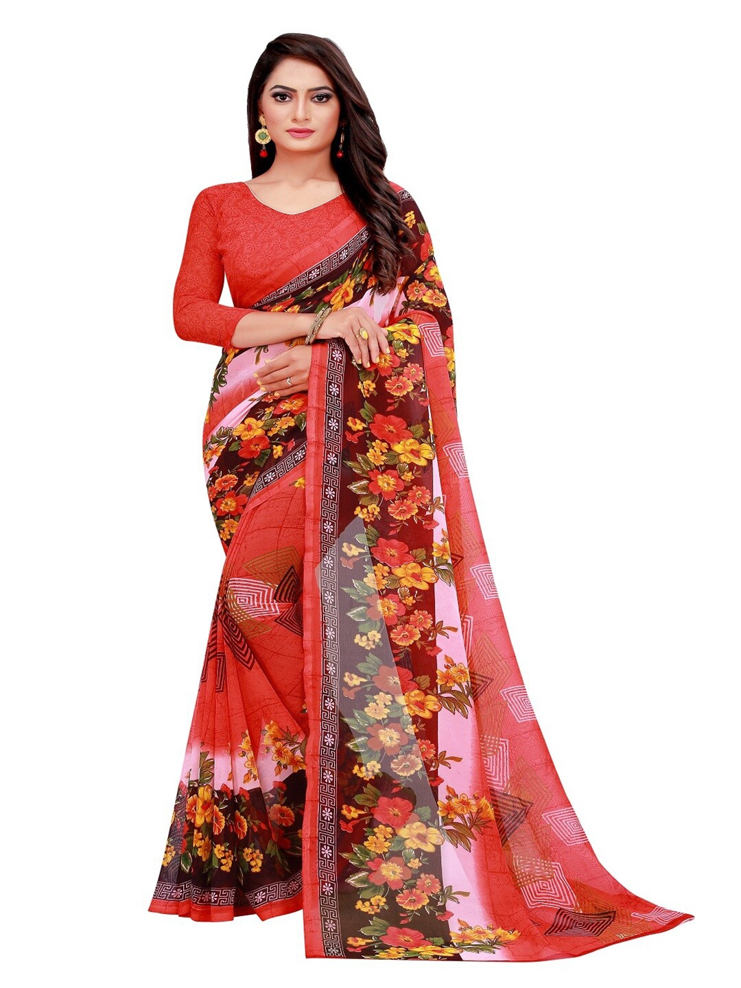 

SAADHVI Peach-Coloured & Green Floral Pure Georgette Saree