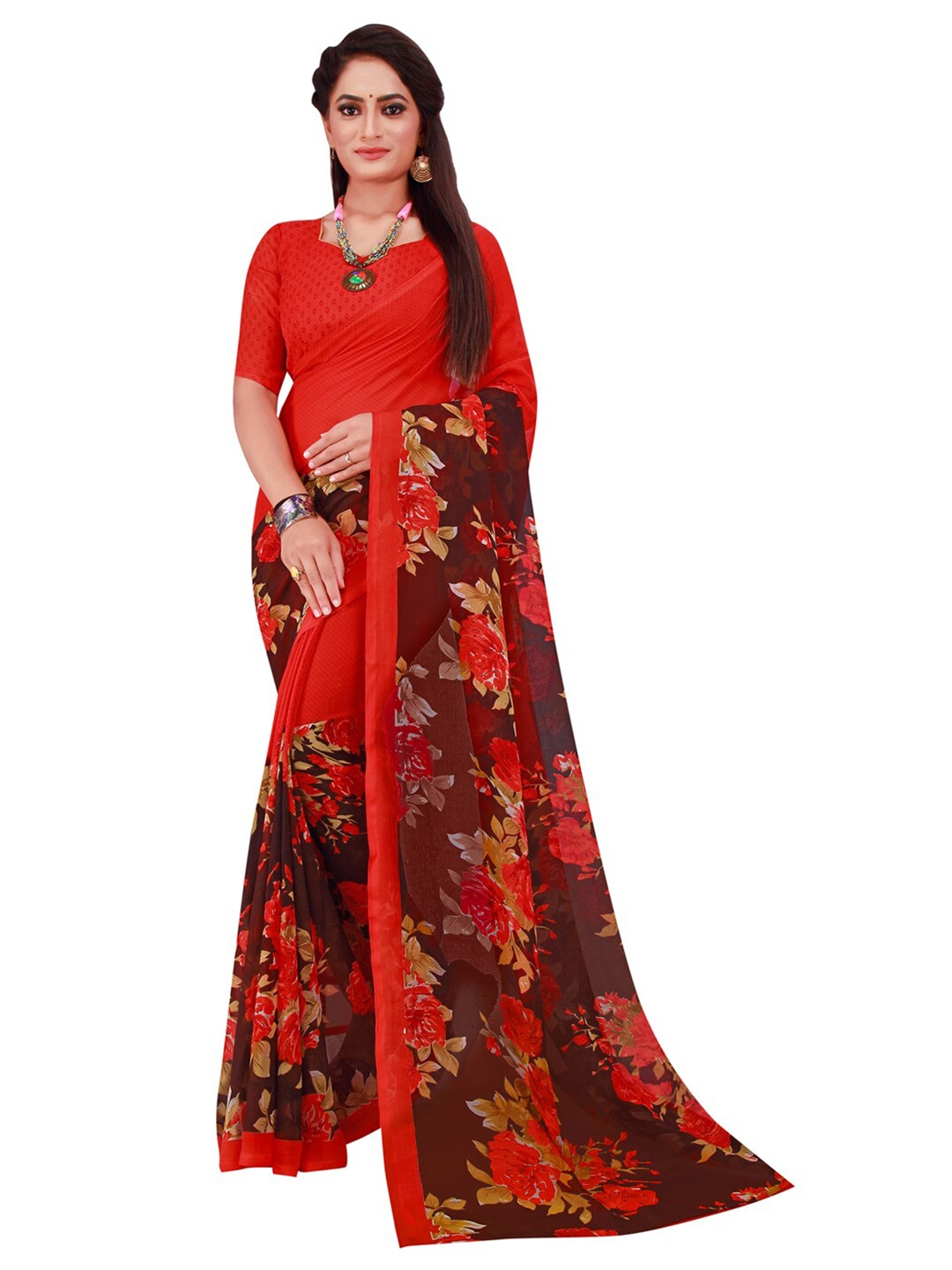 

SAADHVI Red & Green Floral Pure Georgette Saree