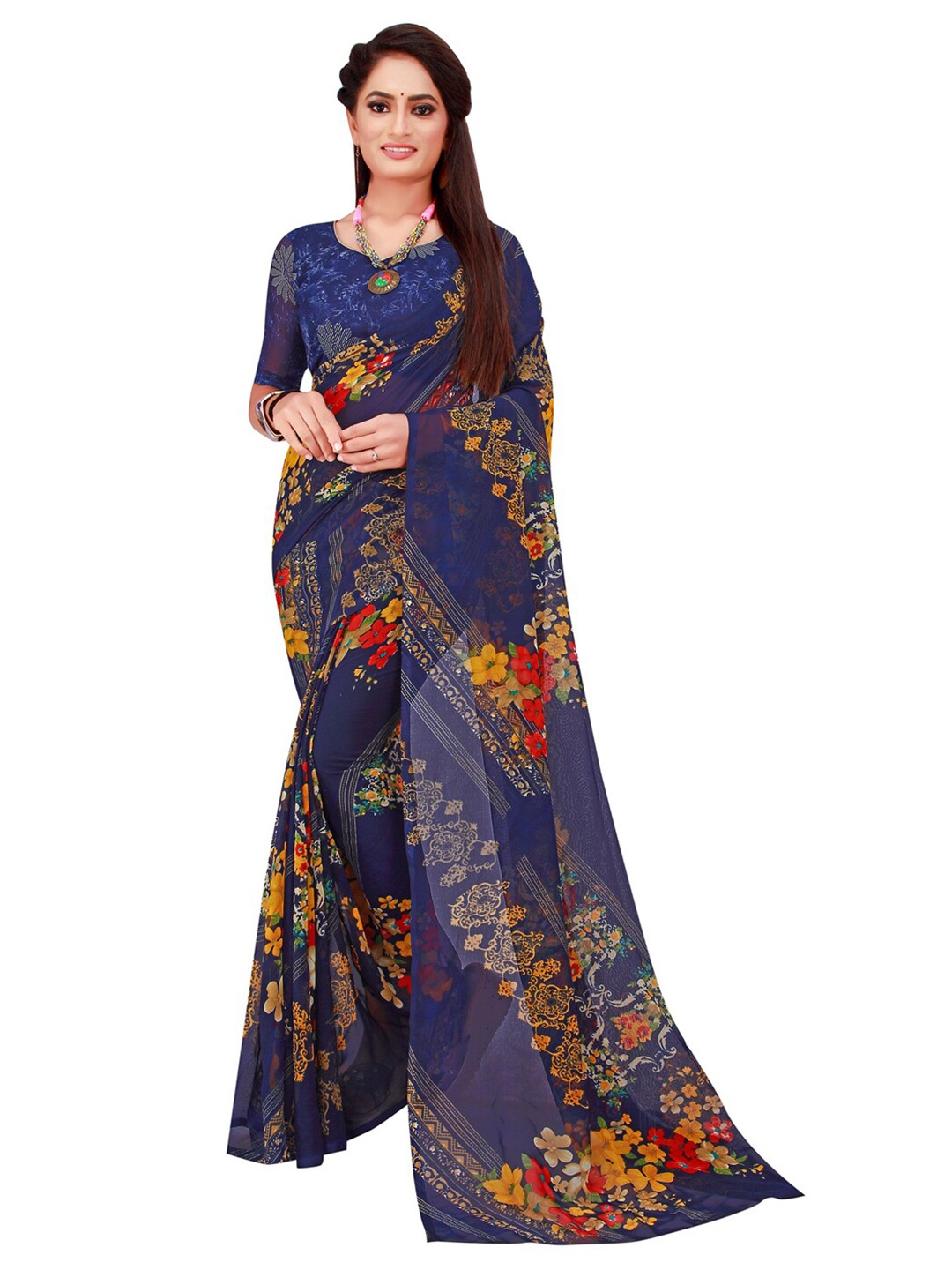 

SAADHVI Navy Blue & Red Floral Pure Georgette Saree