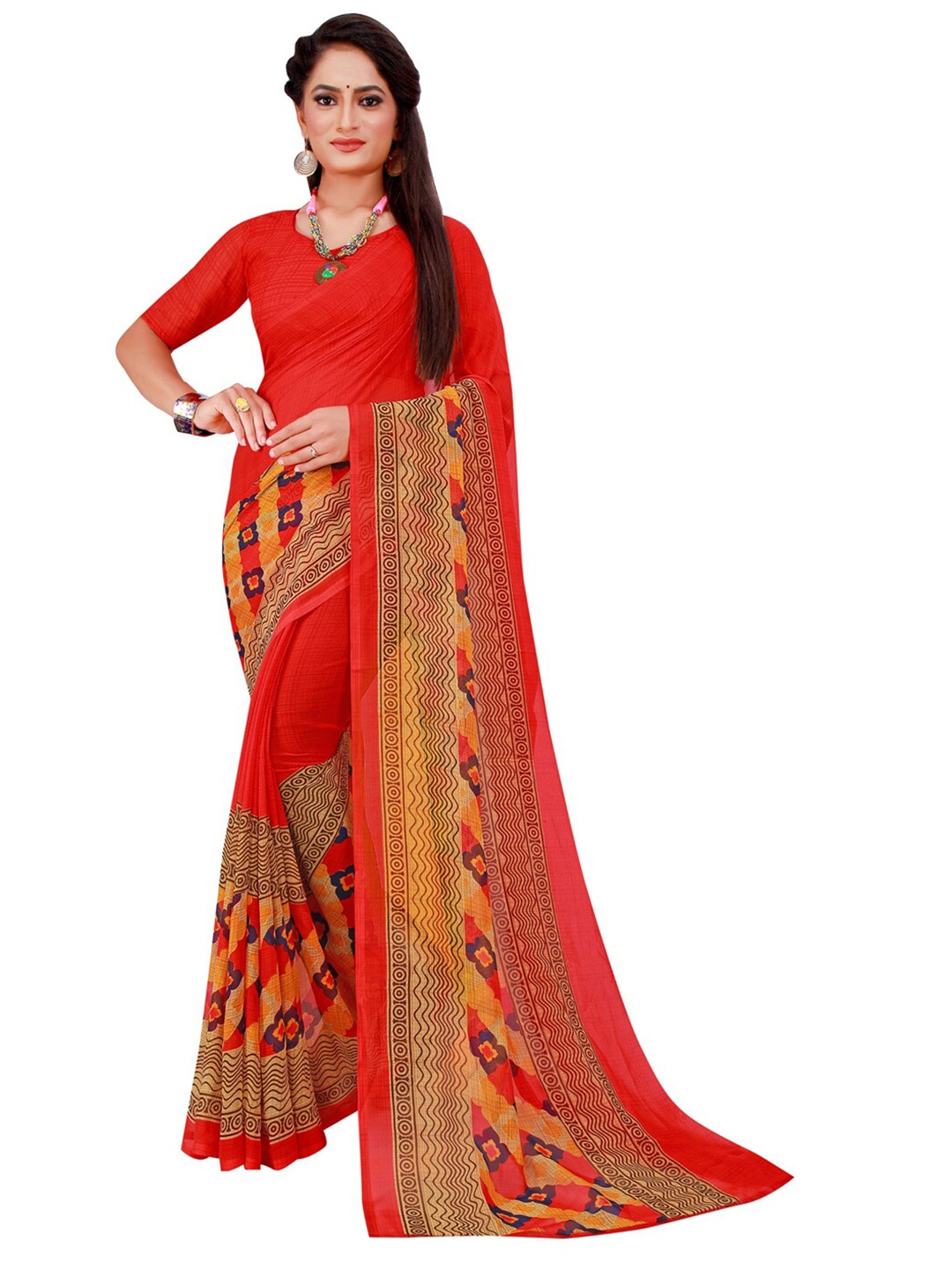 

SAADHVI Red & Yellow Pure Georgette Saree