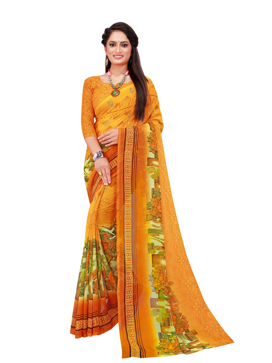 

SAADHVI Mustard & Green Floral Saree