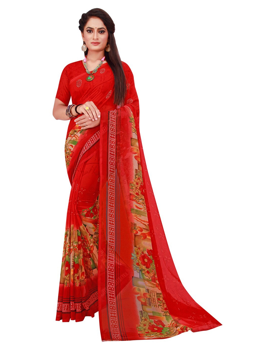 

SAADHVI Red & Green Floral Pure Georgette Saree