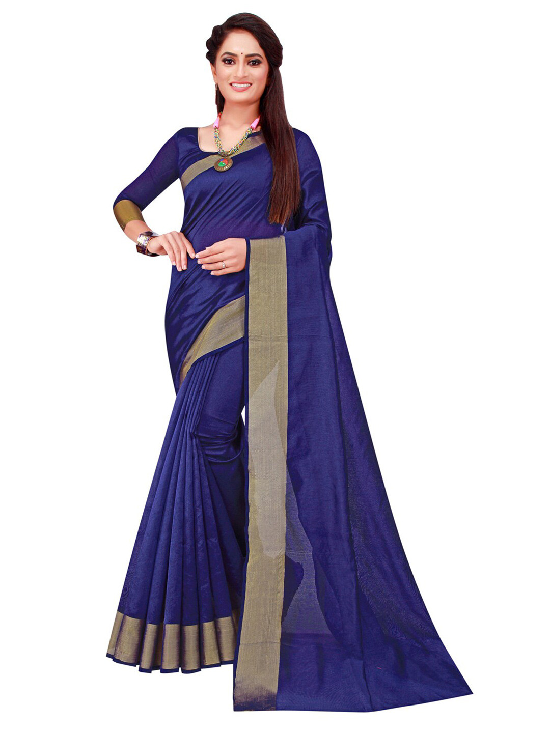 

SAADHVI Navy Blue & Beige Solid Silk Cotton Saree