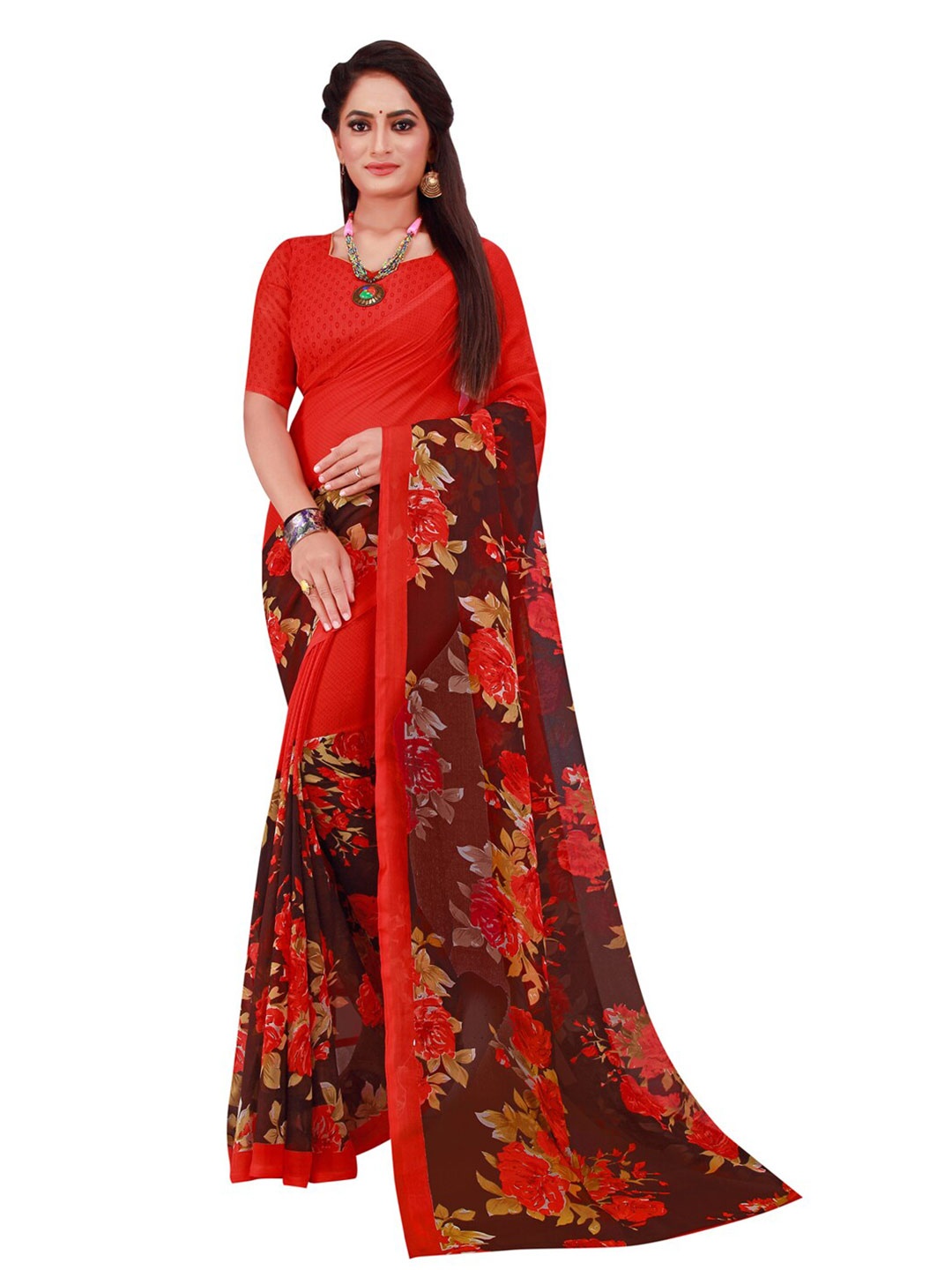 

Florence Red & Brown Floral Pure Georgette Saree