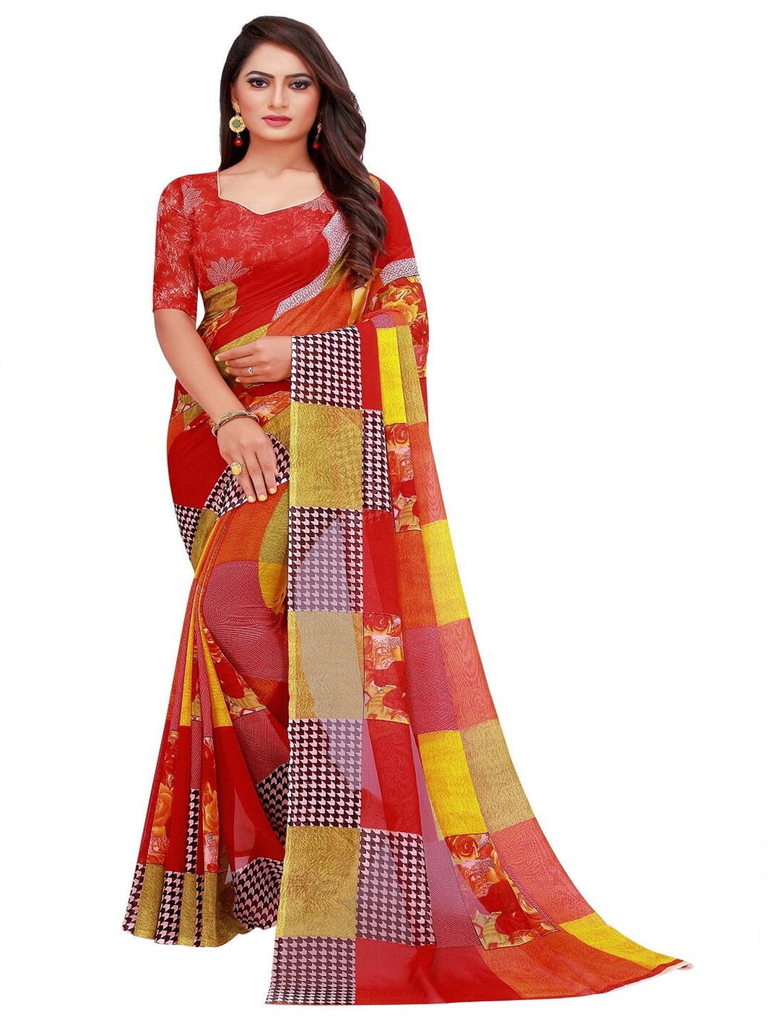 

Florence Red & Yellow Pure Georgette Saree