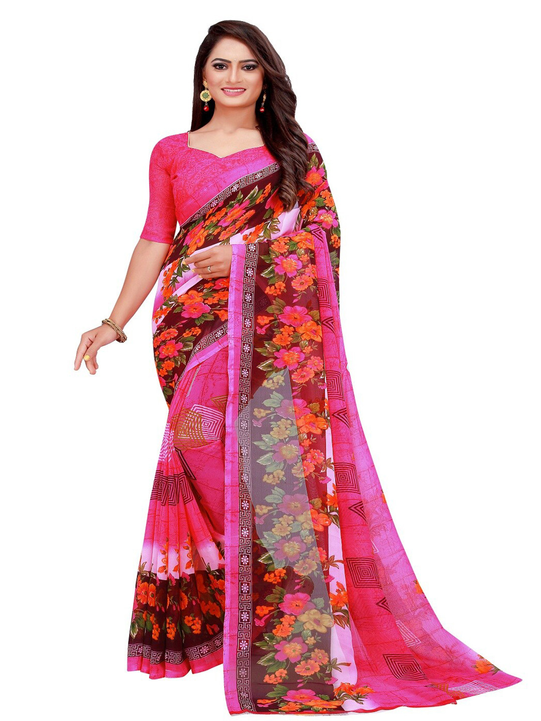 

Florence Pink & Green Floral Pure Georgette Saree