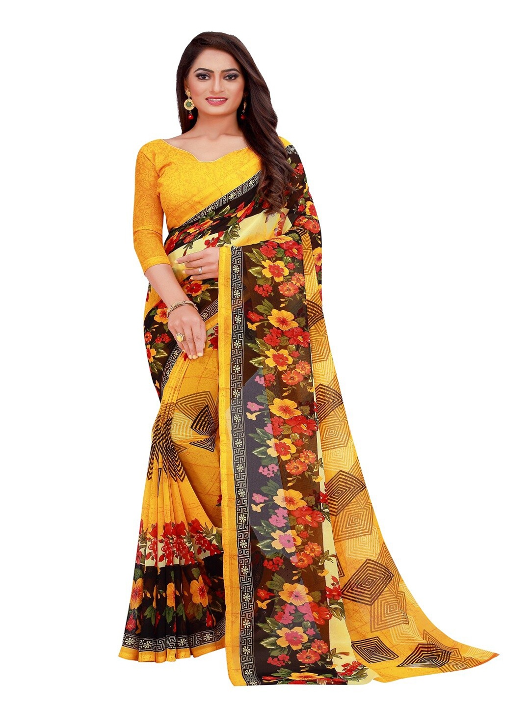 

Florence Yellow & Red Floral Pure Georgette Saree