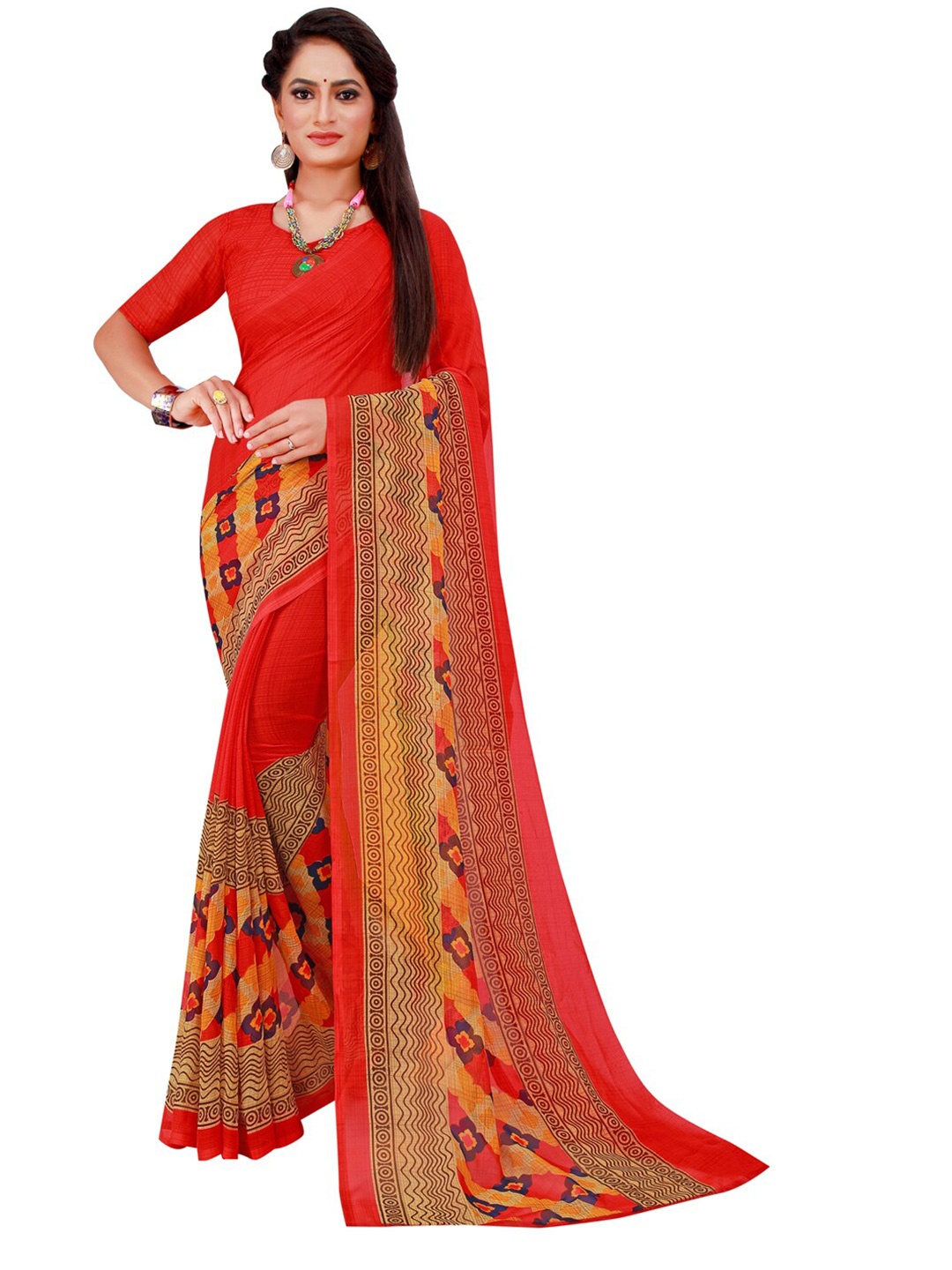 

Florence Red & Mustard Pure Georgette Saree