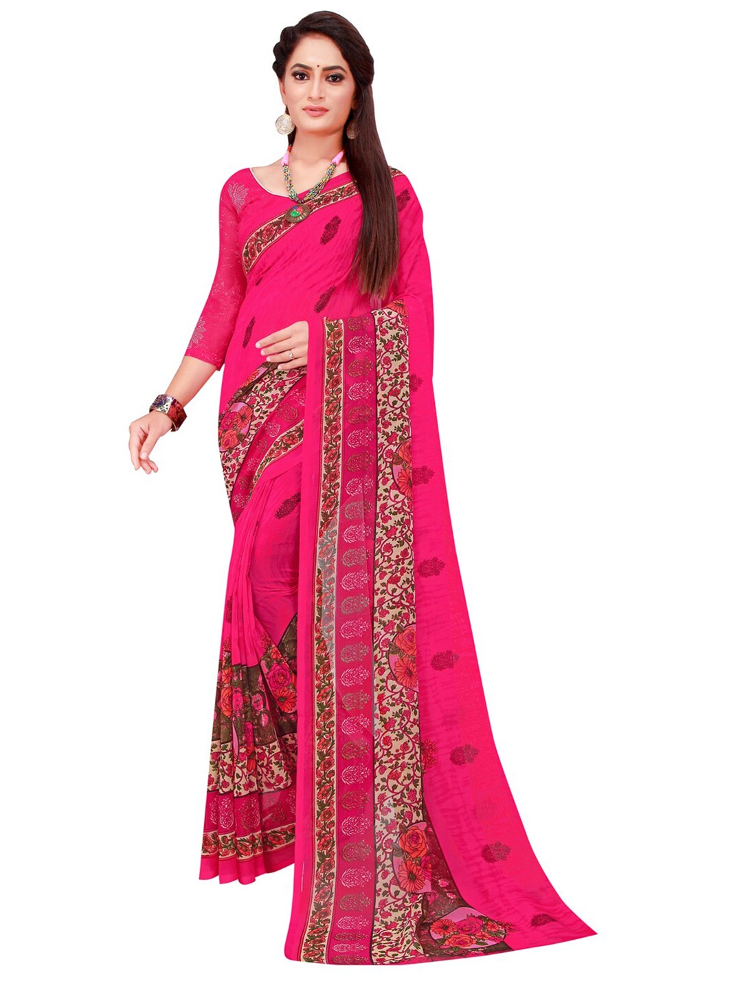 

Florence Pink & Grey Floral Pure Georgette Block Print Saree