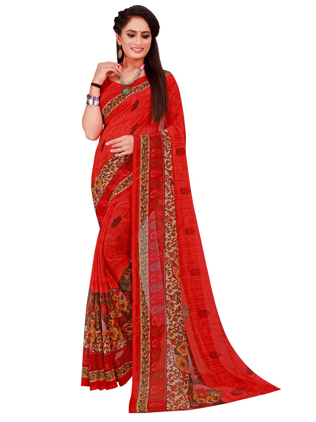 

Florence Red & Beige Floral Pure Georgette Saree