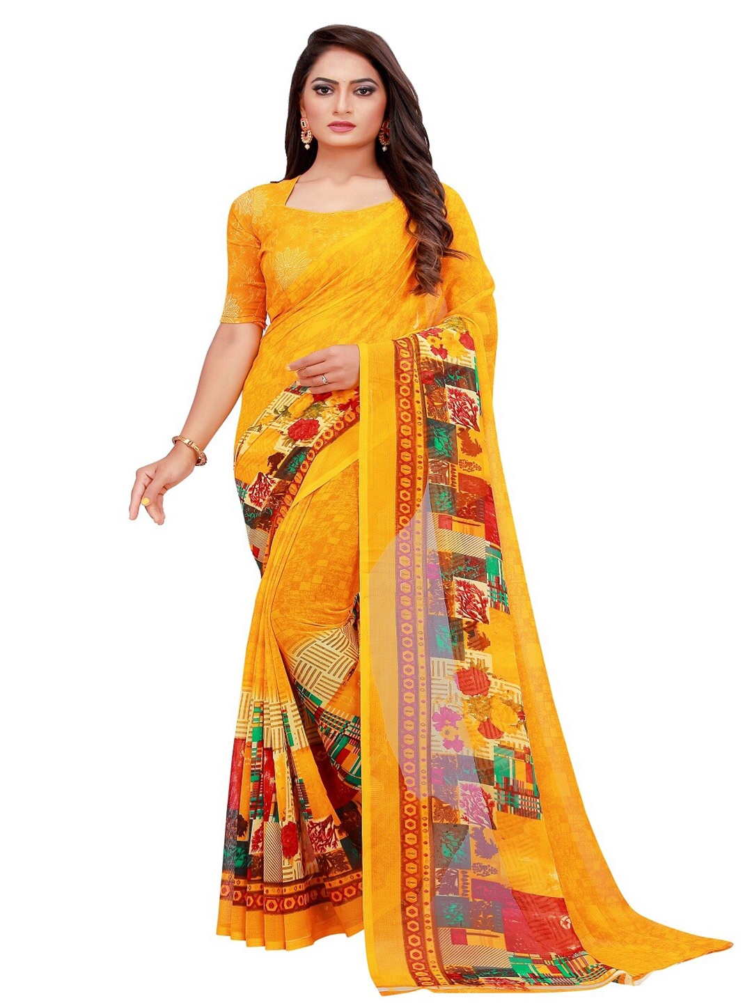 

Florence Yellow & Green Pure Georgette Saree