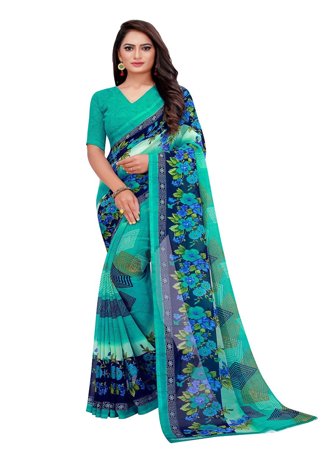 

Florence Green & Blue Floral Pure Georgette Saree