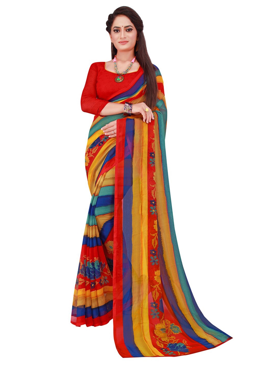 

Florence Yellow & Red Floral Pure Georgette Saree