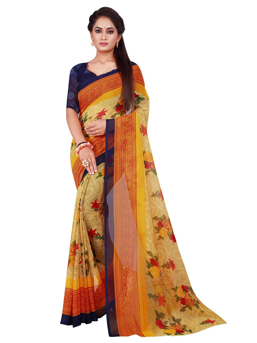 

Florence Beige & Red Floral Pure Georgette Saree