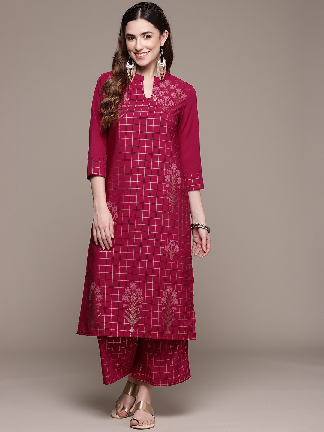 

ZIYAA Women Maroon Checked Crepe Foil Print Kurta