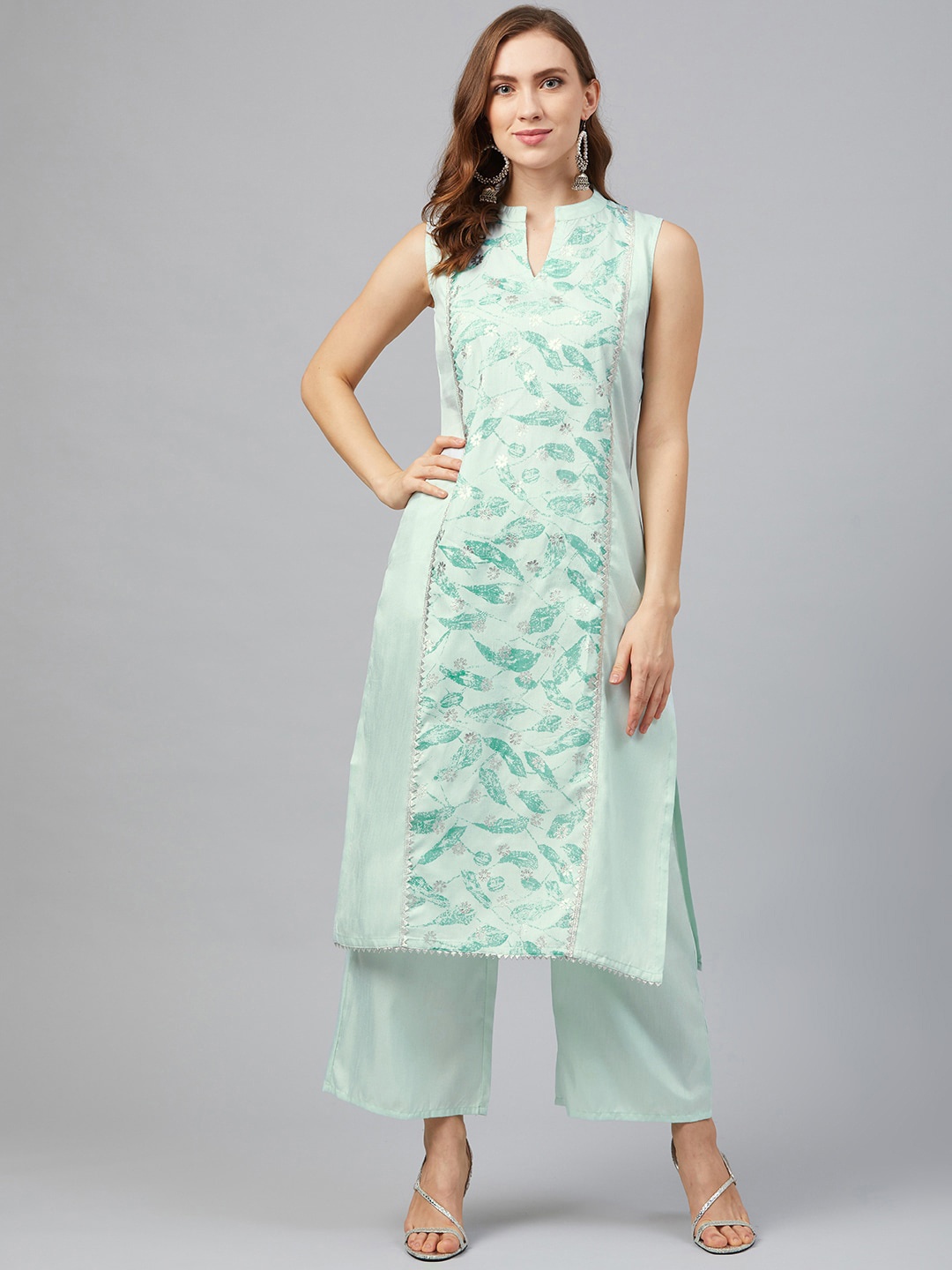 

ZIYAA Women Green Floral Printed Gotta Patti Kurta