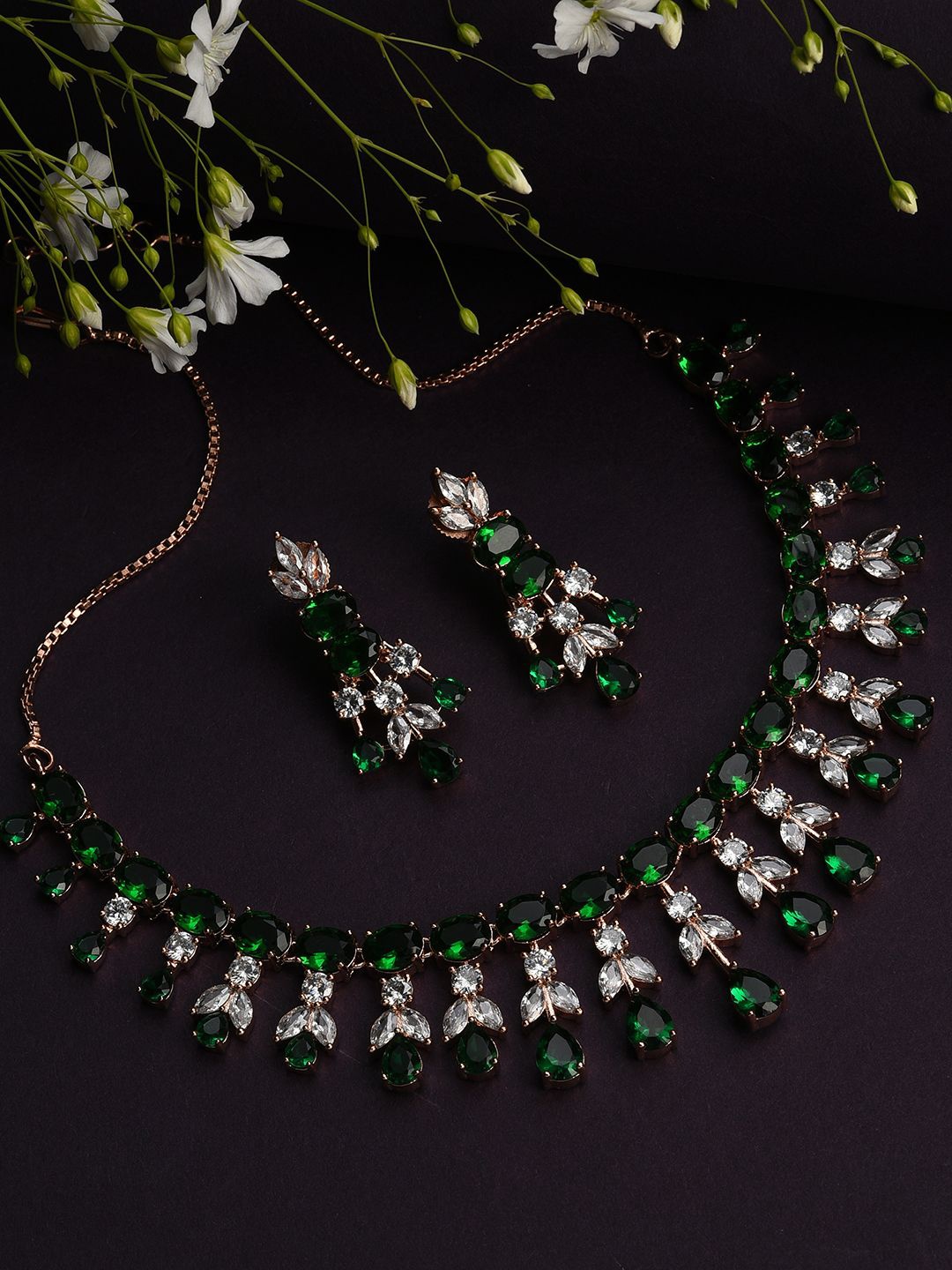 

SOHI Silver-Plated Green-Stone Studded Jewellery Set