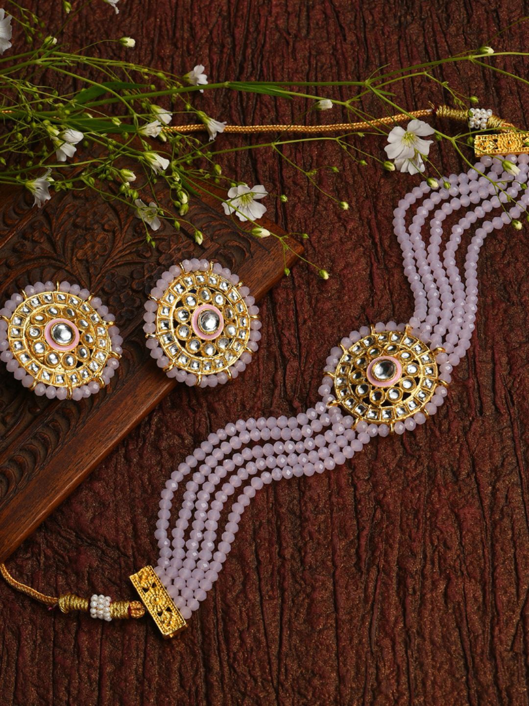 

SOHI Gold-Plated & Pink Beaded Necklace Set