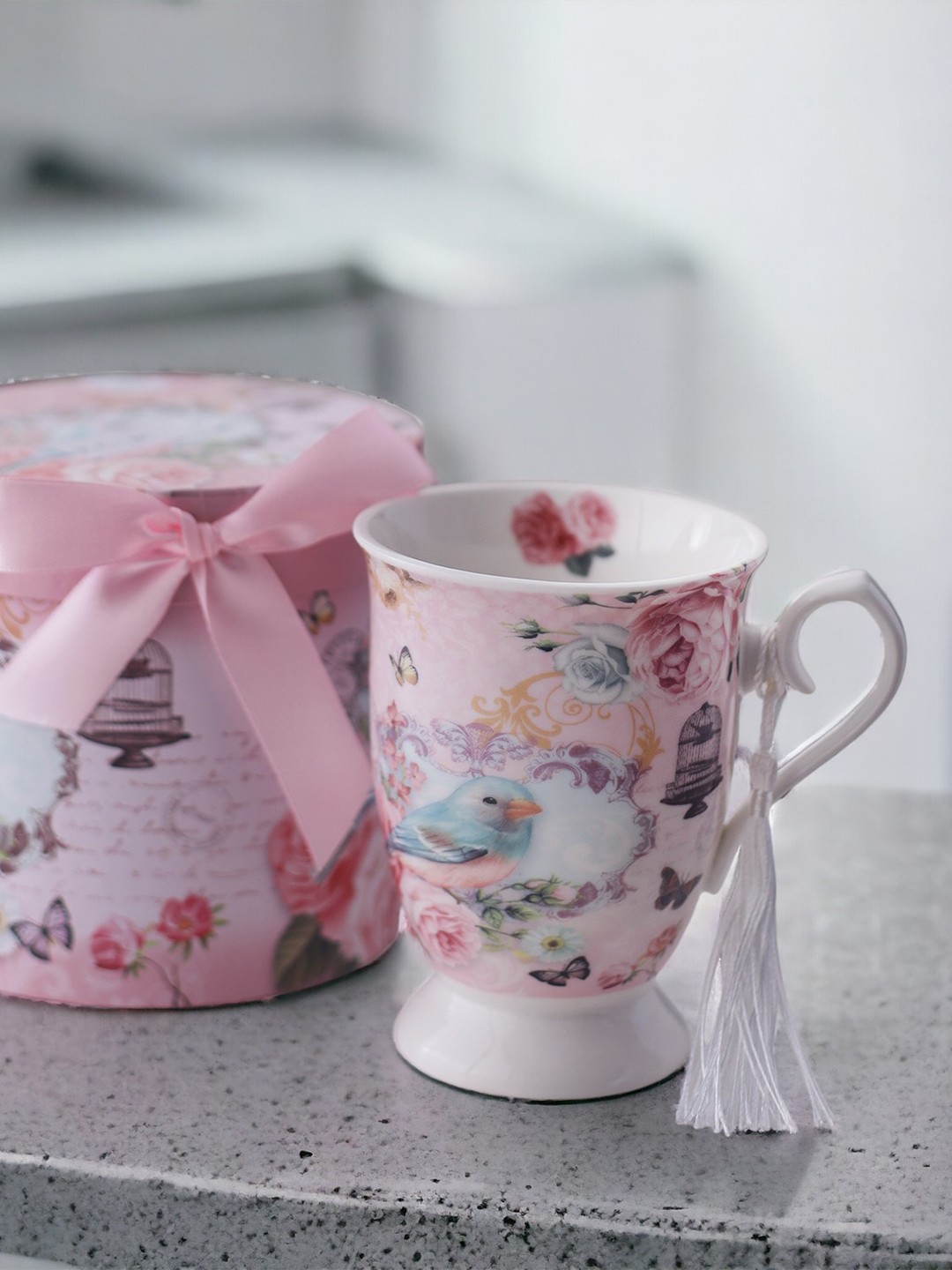 

A Vintage Affair- Home Decor Pink & Yellow Printed Ceramic Glossy Cups Set of Cups and Mugs