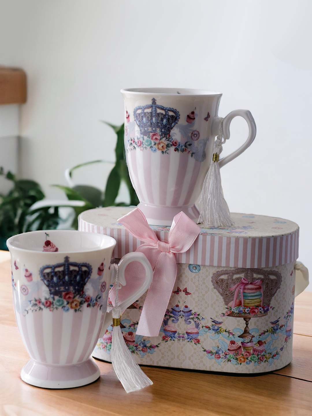 

A Vintage Affair- Home Decor White & Green Printed Ceramic Glossy Cups Set of Cups and Mugs