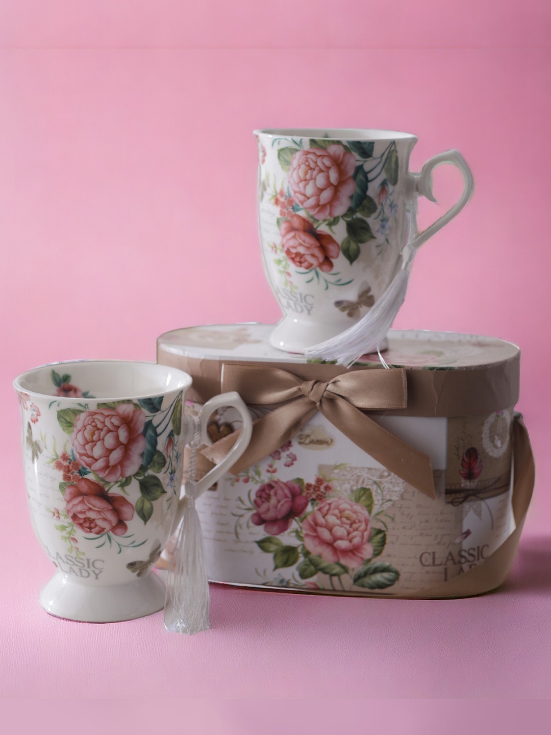 

A Vintage Affair- Home Decor White & Pink Printed Ceramic Glossy Cups